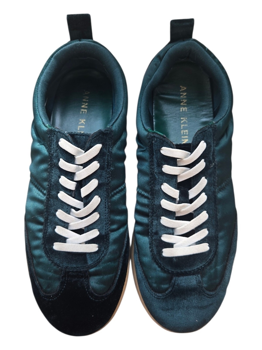 Anne Klein Sport Emerald Green Satin Velvet Sneakers Women's 9.5M Lace Up Casual